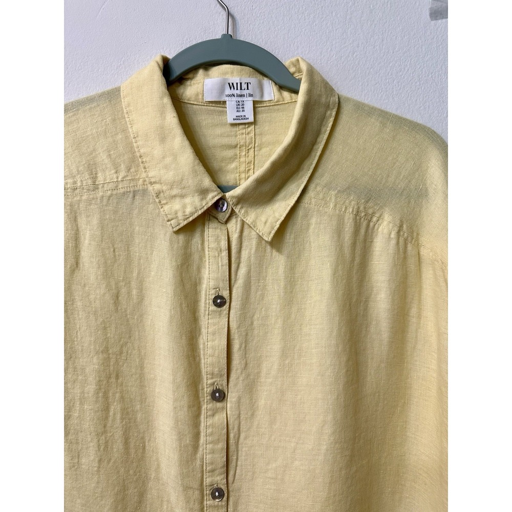 WILT Women 1X Yellow 100% Linen Button Down Shirt Oversized Blouse Roll Sleeve